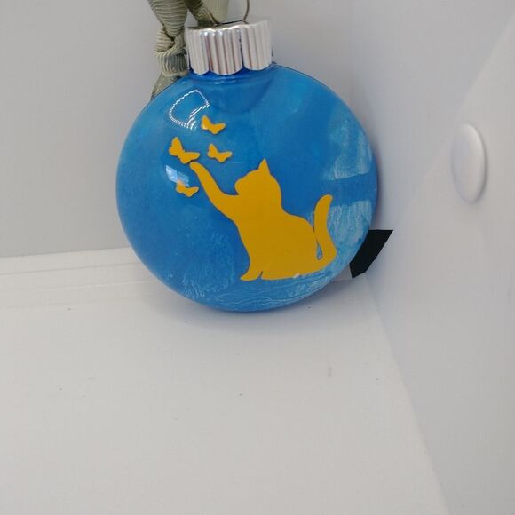 Handmade Cat Christmas  Ornament Decorations Blue Yellow Plastic Bulb - Picture 2 of 6